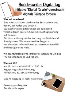 Infografik zur Digitaltag-Aktion der AWO-Pinneberg: Angekündigt werden Mitmachaktionen zum Smartphone, Erkundung von Tablets und Unterstützung bei Fragen zur Nutzung des Smartphones und zum Schutz vor Internetkriminalität. Aktionstag am 27.06., 14-17 Uhr in der Begegnungsstätte Pinneberg